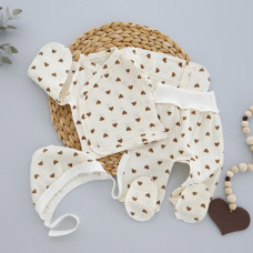 Мусліновий набір 3в1: Льоля, повзунки та шапочка Сердечка Бежевий 56 (0-3міс)