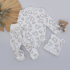 Набір 3в1: Боді-розпашонка, повзунки та шапочка Міккі Молочний (Рубчик) 56 (0-1міс)