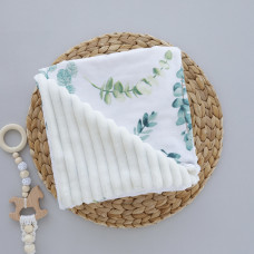 Плед плюш, без утеплення Листики Зелений/ Молочний плюш 100/80