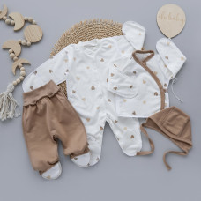 Набір 4в1: Чоловічок, льоля, повзунки та шапочка на зав’язках Сердечка Кавовий (Футер - з начосом) 62 (1-3міс)