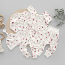 Набір 4в1: Чоловічок, боді, повзунки та шапочка вузлик Сердечка Рожевий (Рубчик) 62 (3-6міс)