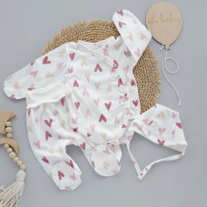 Набір 3в1: Боді, повзунки та шапочка на зав’язках Сердечка Рожевий (Футер - з начосом) 62 (1-3міс)