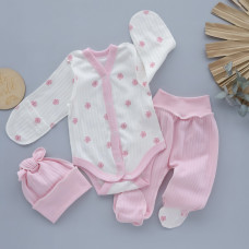 Набір 3в1: Боді, повзунки та шапочка Квіти Рожевий (Рубчик) 56 (0-3міс)