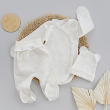 Набір 3в1: Боді-розпашонка, повзунки та шапочка Молочний (Рубчик) 56 (0-1міс)