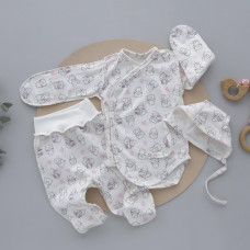 Набір 3в1: Боді, повзунки та шапочка на зав’язках Котики Рожевий (Футер - з начосом) 62 (1-3міс)