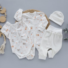 Комплект 4в1: Чоловічок, боді, штанці та шапочка Котики Молочний (Рубчик) 62 (3-6міс)