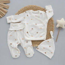 Набір 3в1: Льоля, повзунки та шапочка вузлик Сердечка Бежевий (Рубчик) 56 (0-3міс)