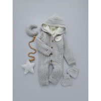 Комбінезон вʼязаний утеплений (Natural Wool) та пінетки Сірий косичка 62 (3-6міс)
