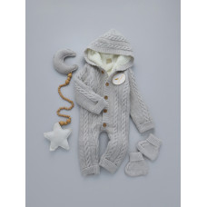 Комбінезон вʼязаний утеплений (Natural Wool) та пінетки Сірий косичка 62 (3-6міс)