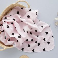 Муслінова пелюшка жатка 2 шари Сердечка чорні на рожевому 90/65