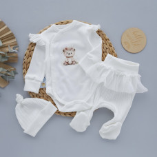 Набір 3в1: Боді, повзунки з фатіном та шапочка Ведмедик Молочний (Інтерлок/рубчик) 62 (1-3м)