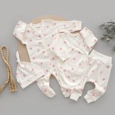 Набір 4в1: Чоловічок, боді, штанці та шапочка вузлик Квіти Рожевий (Рубчик) 62 (3-6міс)