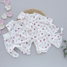 Набір 5в1: Чоловічок, льоля, повзунки, боді короткий рукав та шапочка Сердечка Рожевий (Рубчик) 56 (0-3міс)