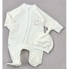 Чоловічок на блискавці та шапочка Love Молочний (Футер - з начосом) 56 (0-3міс)