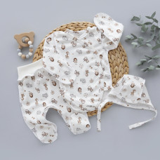 Набір 3в1: Боді, повзунки та шапочка на зав’язках Звірята Бежевий (Інтерлок) 62 (1-3міс)