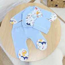 Набір 3в1: Льоля, повзунки та шапочка Діно Блакитний (Футер - з начосом) 56 (0-3міс)