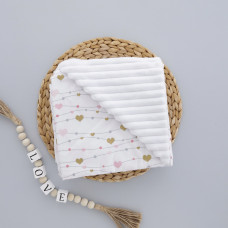 Плед плюш, без утеплення Сердечка Рожевий -Золото (гліттер) /Білий плюш 100/80