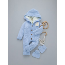 Комбінезон вʼязаний утеплений (Natural Wool) та пінетки Блакитний косичка широка 62 (3-6міс)