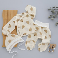 Мусліновий набір 3в1: Льоля, повзунки та шапочка Ведмедик Мордочки 56 (0-3міс)