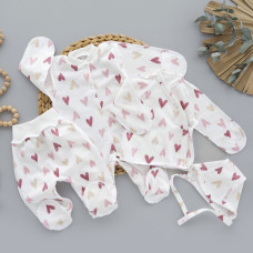 Набір 4в1: Чоловічок, льоля, повзунки та шапочка на зав’язках Сердечка Рожевий (Футер - з начосом) 56 (0-1міс)