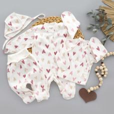 Набір 4в1: Чоловічок, льоля, повзунки та шапочка на зав’язках Сердечка Рожевий (Рубчик) 56 (0-1міс)