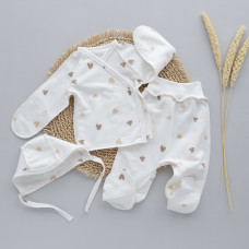 Набір 3в1: Льоля, повзунки та шапочка на зав’язках Сердечки Бежевий (Футер - з начосом) 62 (1-3міс)