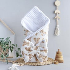 Плед зі з‘ємним утеплювачем та бантом-резинкою Ведмедики з хусточкою Бежевий/ Білий плюш 90/80