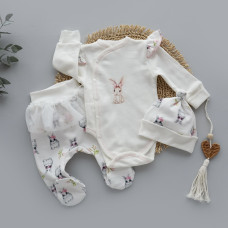 Набір 3в1: Боді, повзунки з фатіном та шапочка Зайчики Молочний (Футер - з начосом) 62 (3-6міс)