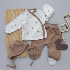 Набір 3в1: Льоля, повзунки та шапочка на зав’язках Сердечка Кавовий (Футер - з начосом) 62 (1-3міс)