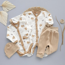 Комплект 4в1: Чоловічок, боді, штанці та шапочка Ведмедики Мордочки Бежевий (Рубчик) 62 (3-6міс)