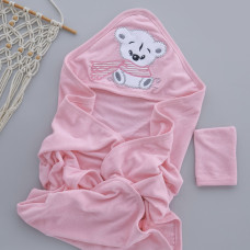 Дитячий рушник з кутиком махровий Ведмедик з шарфом Рожевий 90/85