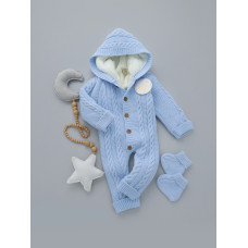 Комбінезон вʼязаний утеплений (Natural Wool) та пінетки Блакитний косичка 62 (3-6міс)