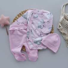 Набір 3в1: Боді, повзунки та шапочка Ведмедики Рожевий (Футер - з начосом) 56 (0-3міс)